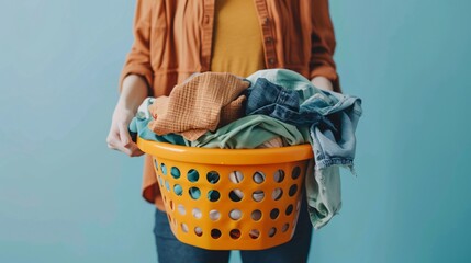 Close up shot of a person holding a laundry basket full of colorful dry clothes. Housekeeping concept