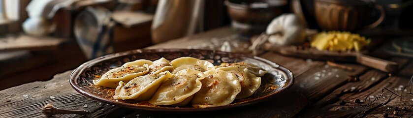 A plate of delicious pierogi, a traditional Polish dish, with a variety of fillings, such as potato and cheese, meat, and sauerkraut