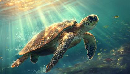 Fototapeta premium Sea turtle background with sun rays in ocean landscape