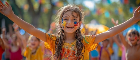 A concert or music event with children dancing and singing along to the music.Group of children with painted faces laughing and playing outdoors.