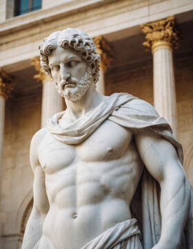 Una statua in gesso bianca raffigurante un uomo romano, con una toga drappeggiata elegantemente sulle spalle.
