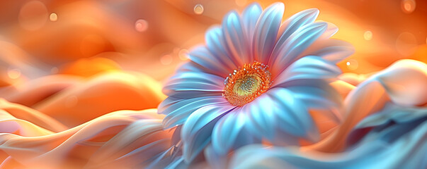 A blue flower with a yellow center is on a yellow background