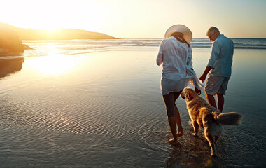 Couple, love and beach with dog at sunset for outdoor travel, summer vacation and holiday together....