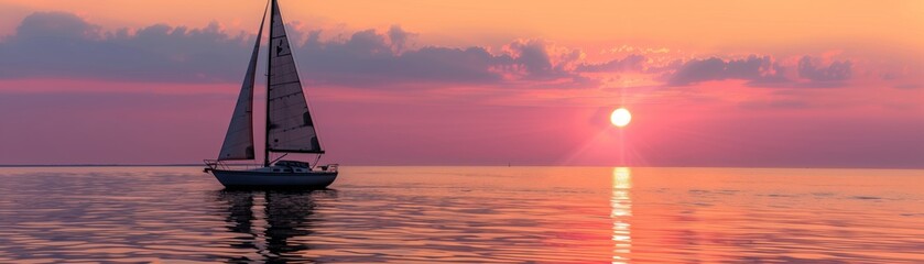 Tranquil sunset over calm ocean with lone sailboat, pink and purple sky reflecting on water. Perfect serene seascape for relaxation and inspiration.