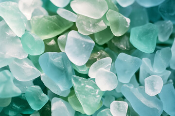 a close up of colorful sea glass, blue, green, white