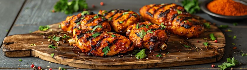 Tandoori chicken, marinated and grilled chicken pieces, served on a wooden platter with a traditional Indian tandoor oven backdrop