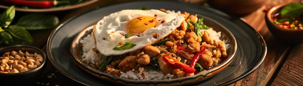 Pad krapow is a popular Thai stir-fried dish with chicken, basil, and chili peppers. It is typically served with rice and a fried egg.