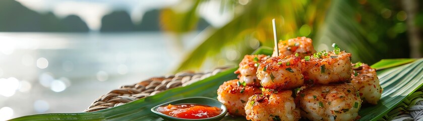 A delicious and healthy meal of shrimp and vegetables, served with a spicy dipping sauce. The perfect meal to enjoy on a hot summer day.