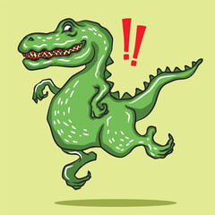 Joyful cartoon illustration of a green Tyrannosaurus Rex standing on two legs with a happy and friendly expression.