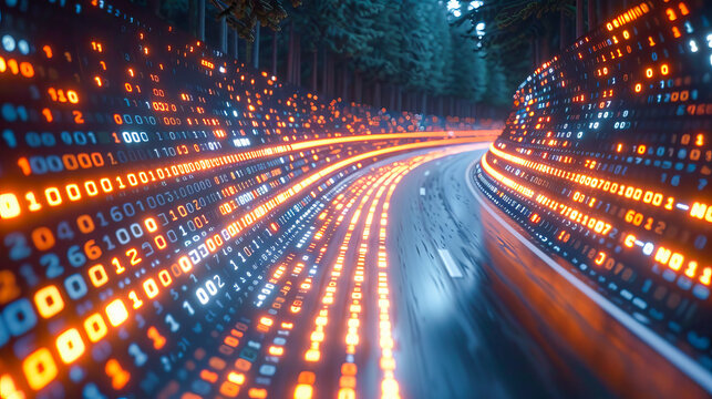 Cyber data stream in forest tunnel