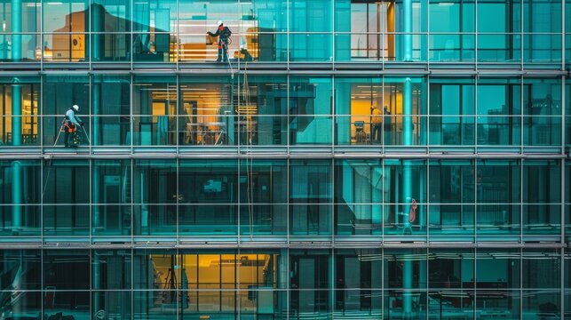 Working at height, cleaners are cleaning the windows outside the building, wearing safety helmets, danger, Labor Day, National Day, welcoming the New Year, opening, working day, overtime, 4k HD wallpa
