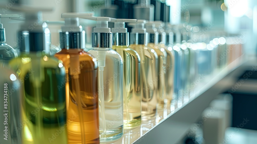 Aufkleber a row of sleek, stylish shampoo and conditioner bottles arranged on a shelf in a modern salon. gener