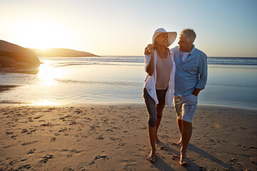 Happy couple, hug and beach for vacation on island or coast for getaway, travel and holiday in...