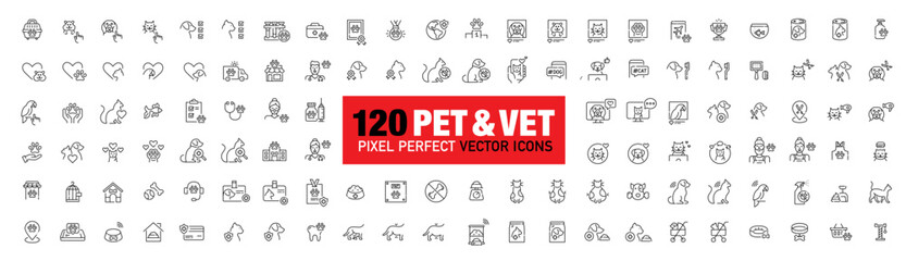 Comprehensive collection of 120 icons for pet enthusiasts: adoption, obesity awareness, veterinary care, and supplies. Pixel perfect, editable stroke vectors