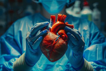 Surgeon preparing for a heart surgery, focusing on preparation close up, cardiac theme, surreal, Fusion, heart surgery suite backdrop