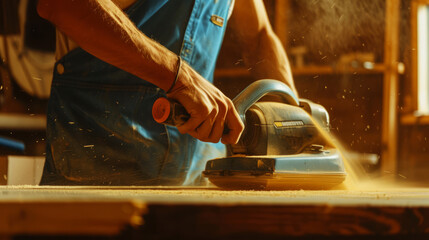 Close-up of a carpenter using a power sander in a warmly lit workshop, smoothing wood.