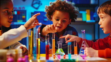 Diverse group of children conducting a science experiment with colorful liquids in a classroom, displaying curiosity and teamwork.