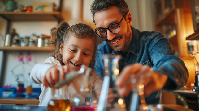 Father and child playing with a chemistry set, smiling and engaged in a warmly lit room.