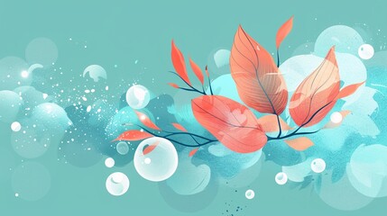 whimsical flat vector illustration of a graceful plant branch intertwined with soft clouds and radiating particles, the vibrant coral petals complemented by turquoise light bubbles of soap, the