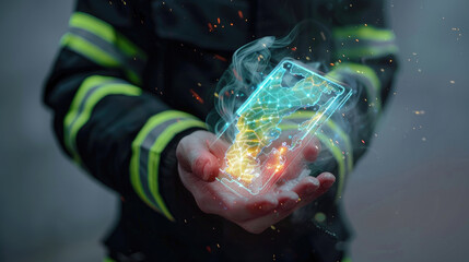 Advertising banner of A Caucasian firefighter’s hand holding a hologram of an emergency map. --chaos 15 --ar 16:9 Job ID: 4a728687-99cf-4c58-a6f0-c96df30c837b