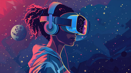 An illustration of a woman wearing a VR headset and headphones, immersed in a digital world against a backdrop of stars and a distant moon