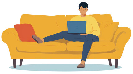 A man is sitting on a yellow couch with his legs stretched out, working on a laptop. Hes wearing a yellow shirt, blue pants, and brown shoes