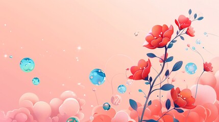 whimsical flat vector illustration of a graceful plant branch intertwined with dreamy clouds and floating particles, the vibrant red petals complemented by blue soap bubbles of glass, the entire