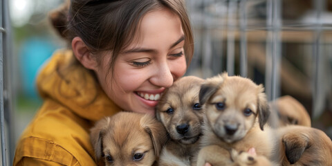 Volunteer woman smiling with a puppy at a shelter for shelter dogs