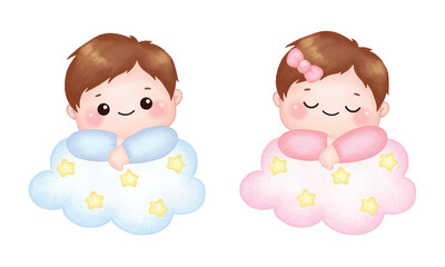 Cute baby boy and girl illustration sleeping on the cloud