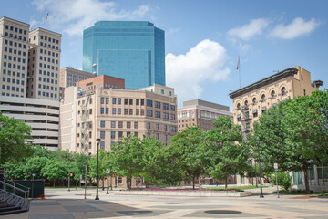 Downtown colorful buildings and trees of the Fort Worth Texas city skyline
