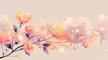 whimsical flat vector illustration of a graceful plant branch intertwined with fluffy clouds and sparkling particles, the vibrant pink petals complemented by golden light bubbles of fireflies, the