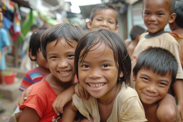Group of happy asian children smiling and looking at the camera.