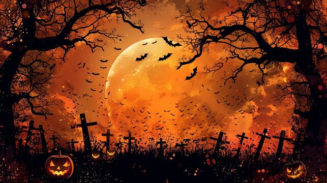 Halloween background illustration with written Halloween with orange and black colors