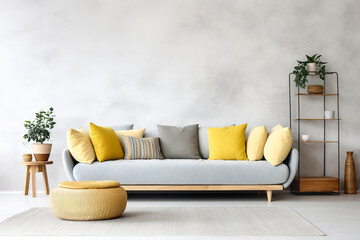 Grey sofa with yellow pillows. Shelf near blank concrete wall with copy space. Scandinavian interior design of modern living room.