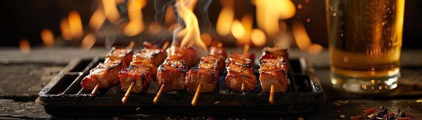 A warm, inviting scene of yakitori skewers on a small charcoal grill, flames gently touching the marinated meat, with a glass of cold beer beside it