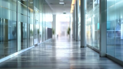 Fototapeta premium Modern office with stylish long corridor and defocused background - ideal for business presentations, corporate wallpapers, and backdrop ideas