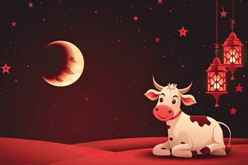 Fototapeta premium dark red islamic decoration background, moon and islamic lantern with a cute cow cartoon smiling, side view 