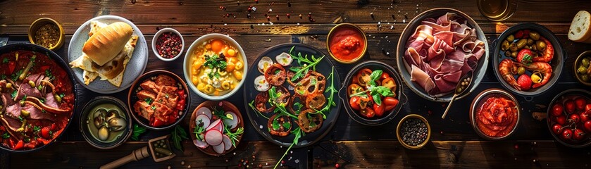 Artistic composition of Spanish tapas, variety of small dishes spread out on a dark oak table, vibrant colors, intimate lighting for a cozy ambiance