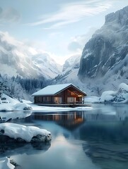 Cozy Spa Cabin Surrounded by Snow-Capped Mountains and Serene Lake