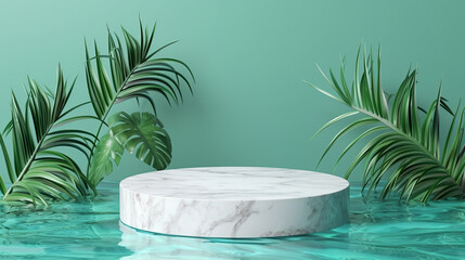 Obraz premium Top view of marble podium stand in swimming pool water with palm leaves. Summer tropical background for luxury product placement. Blue background for product presentation with shadows and light. Empty