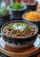 Chili - Bowl of chili with cheese, sour cream, and green onions.