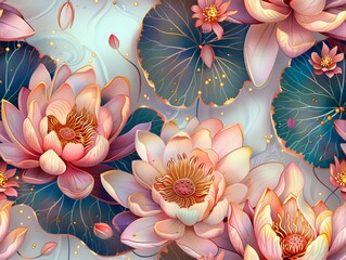 Beautiful lotus flowers with vibrant colors and intricate details in a seamless pattern, perfect for nature-inspired designs.