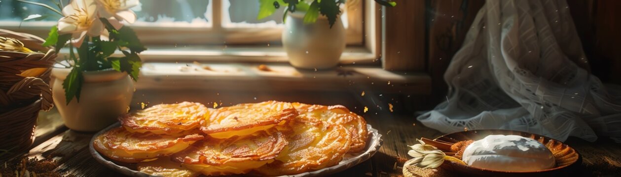 Belarusian Draniki, crispy potato pancakes, served with sour cream, rustic village kitchen, natural light streaming through a window