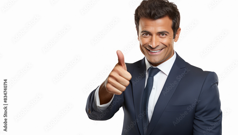 Wall mural Young businessman showing thumps up on white background