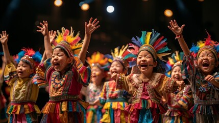 Fototapeta premium A stage performance with children acting out a play in bright costumes.