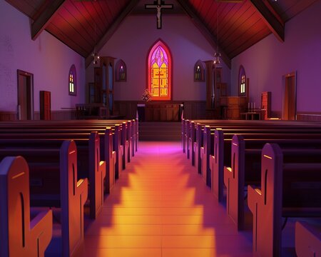An empty church with purple and orange lighting