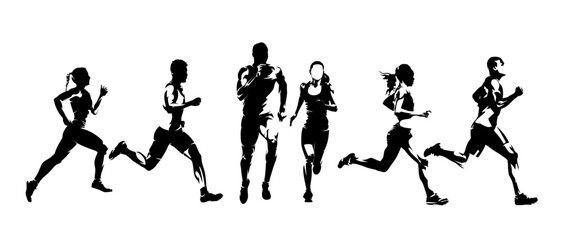 Run, group of running people, men and women. Set of isolated vector silhouettes