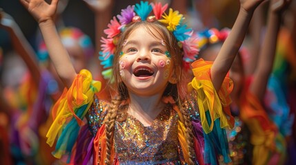 Fototapeta premium A stage performance with children acting out a play in bright costumes.