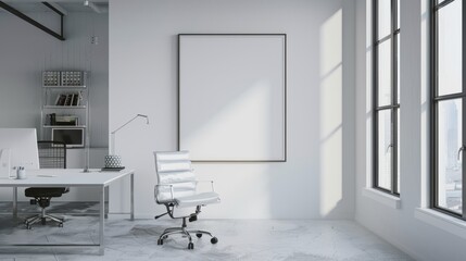 White ceo office interior with modern decor and blank poster on wall for customization, business environment with executive desk, ergonomic chair, and minimalist design elements