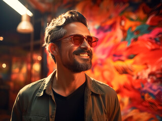 Smiling man wearing sunglasses, vibrant graffiti backdrop, warm mood, depicts urban lifestyle....